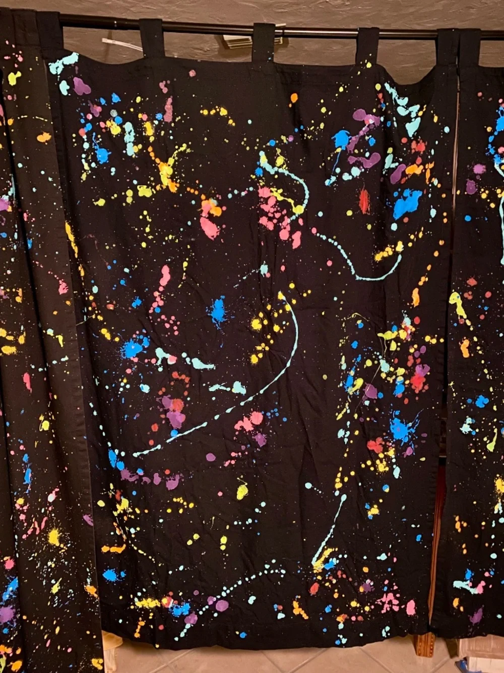 🫟 38 x 78 or 41 x 61 Black Curtains 😎 2 Panels in each set 💥 80’s Splat Neon